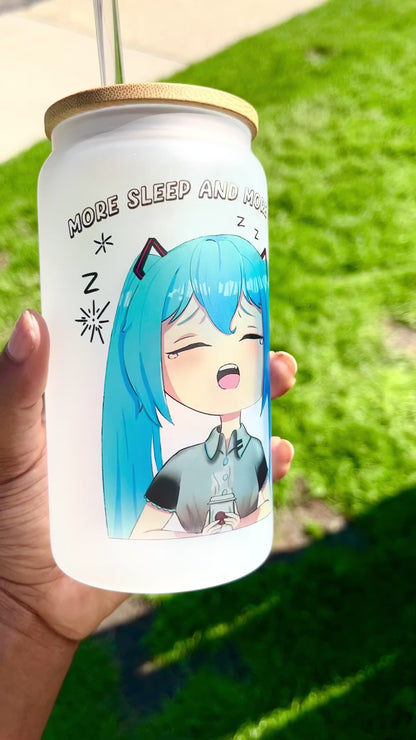 16oz Sleepy Hatsune Miku Frosted glass cup