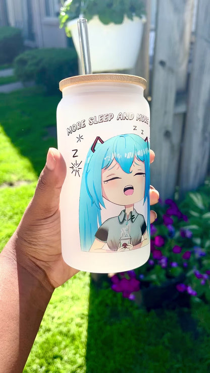 16oz Sleepy Hatsune Miku Frosted glass cup